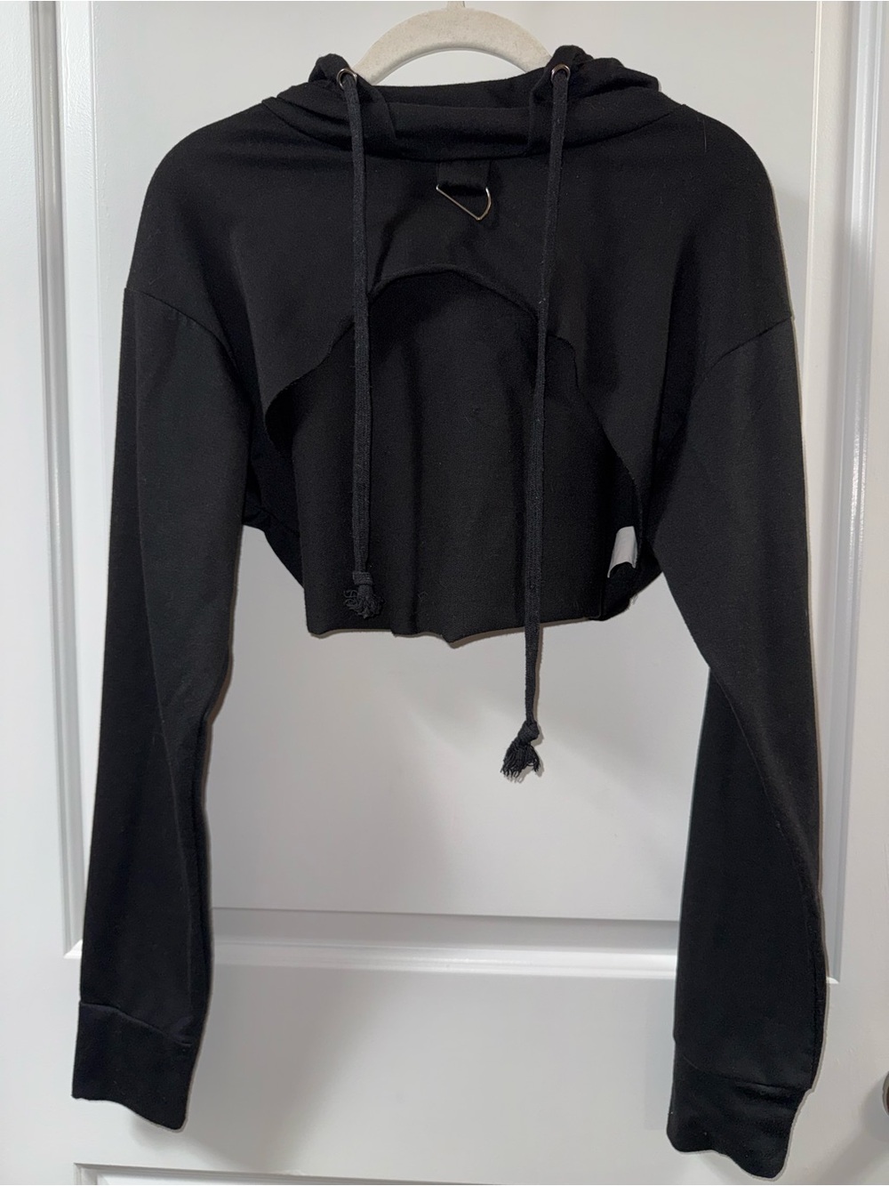 Black Cropped Hoodie with Hood Drawstrings - Women Tops